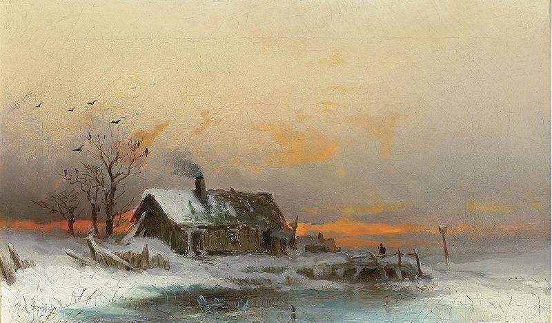 wilhelm von gegerfelt Winter picture with cabin at a river Germany oil painting art